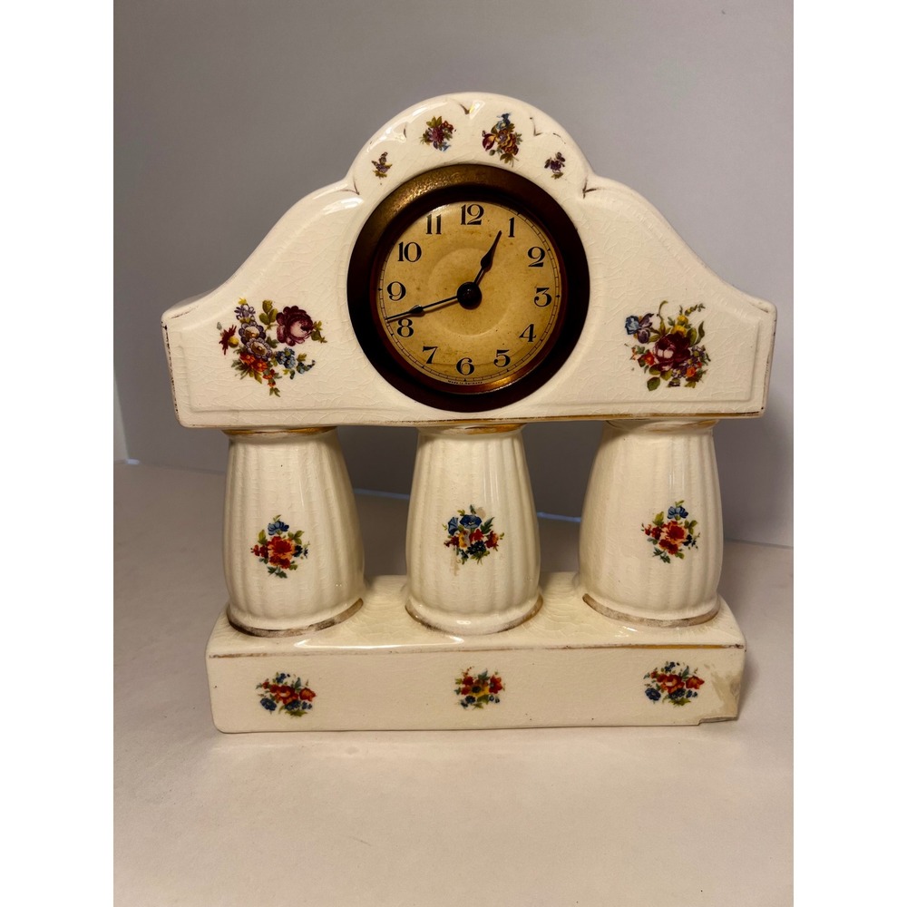 Vintage C.H. Germany Ceramic Mantel Clock Floral Column Crackle Glaze Mechanical